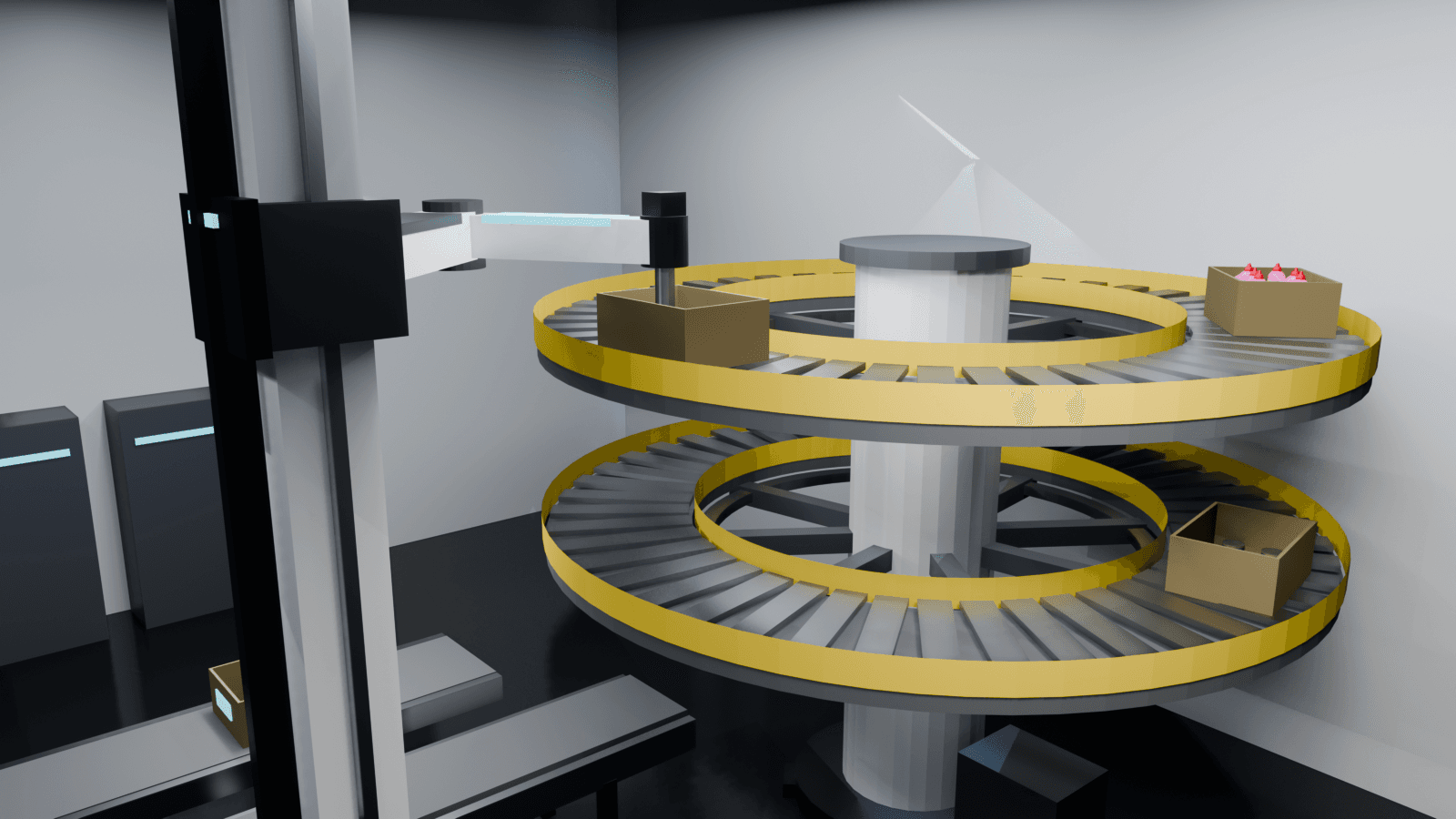 Interactive simulated robot picking a three-item basket from a rotating carousel