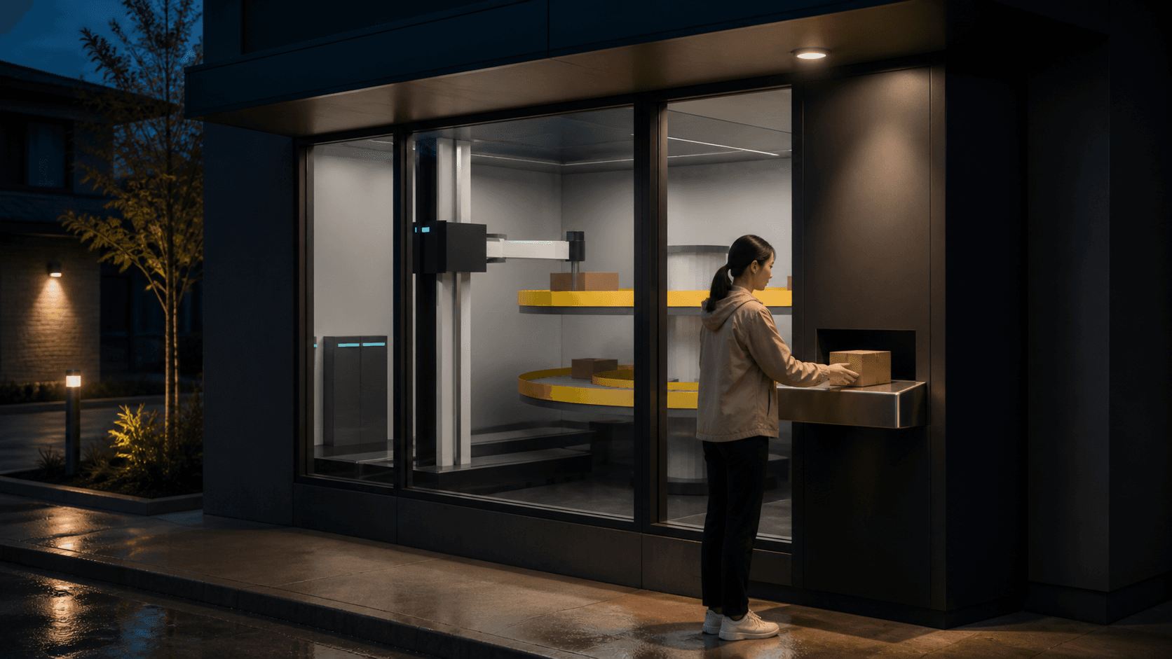 A customer collecting a boxed order from the exterior pickup window of a compact autonomous store at night