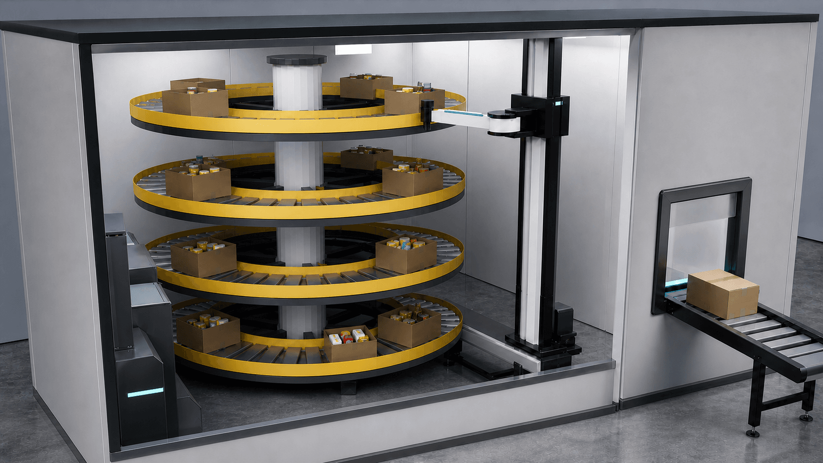 Concept cutaway of a robotic picking cell with four yellow carousel belts, inventory totes, a lift-mounted arm, and an outfeed conveyor