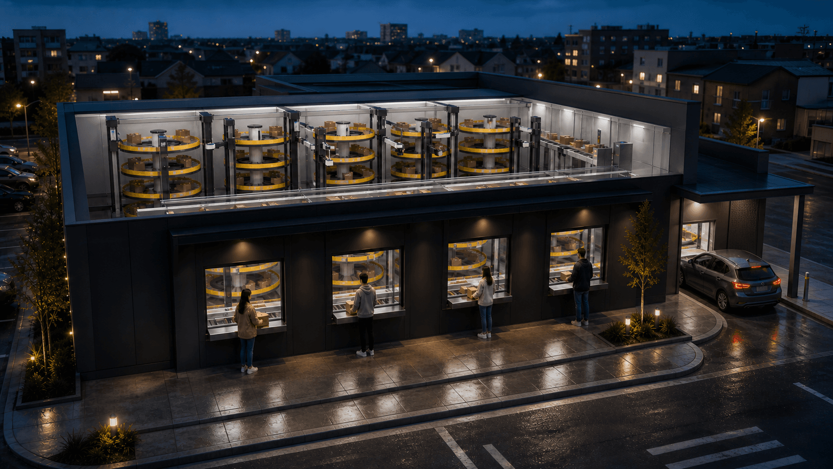 A pharmacy-scale autonomous store with multiple four-belt carousel cells feeding four walk-up windows and a covered drive-through pickup lane