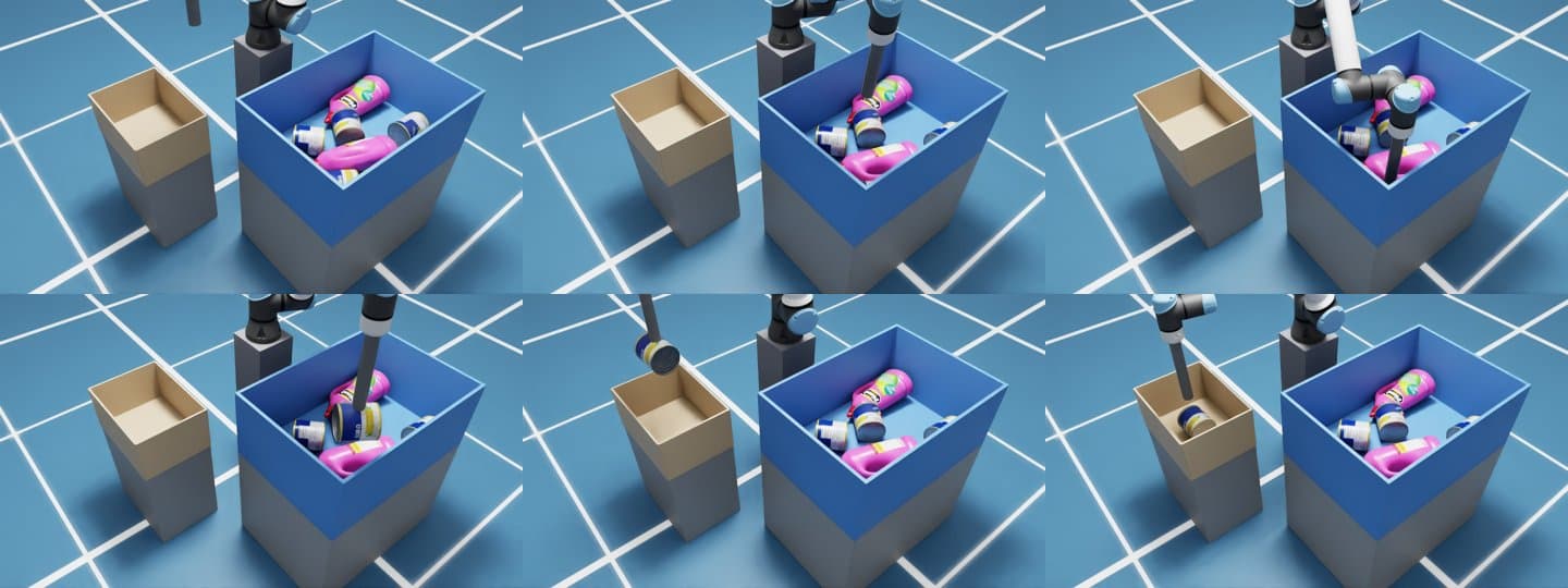 Frames from the simulated robot arm picking experiment