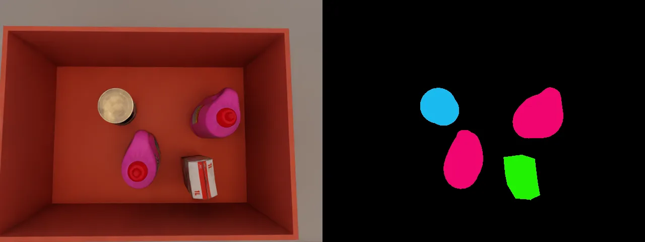 Left, a rendered view into a red tote holding a tin, a carton and two pink cleaner jugs. Right, the same scene as the simulator labels it: a solid coloured shape for each product on a black background.