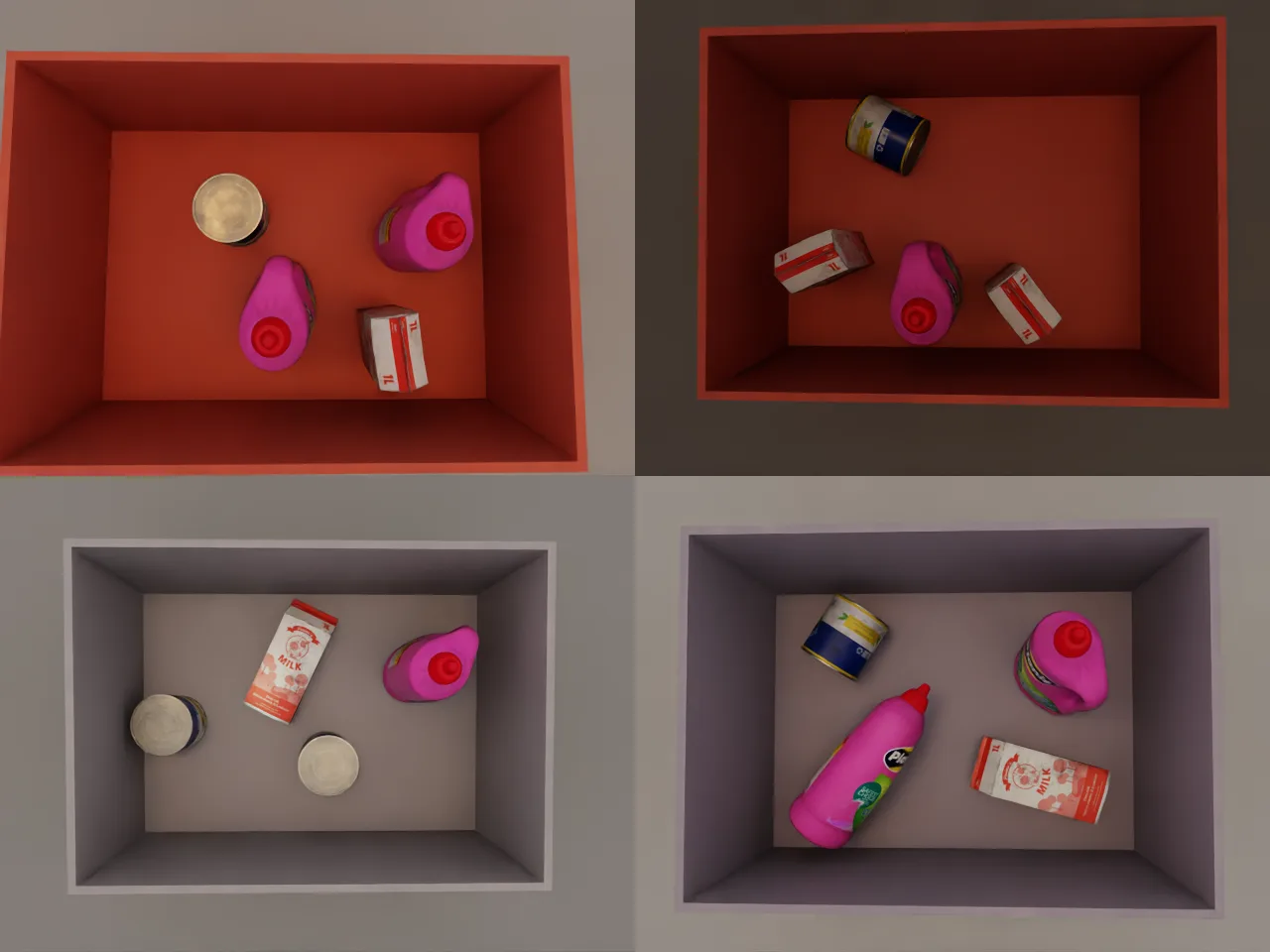 Four simulated overhead views into plastic totes in different colours and lighting, each holding a mix of tins, cartons and pink cleaner jugs.